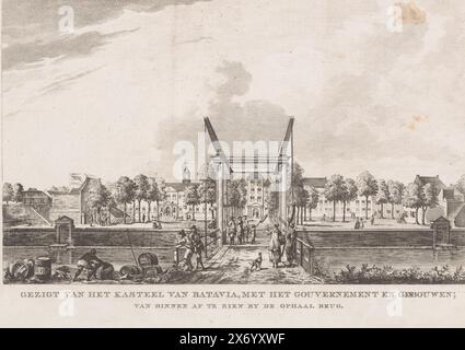 Ansicht des Gouverneurshauses in Batavia von einer Zugbrücke, Ansicht des Schlosses von Batavia, mit der Regierung und den Gebäuden; von innen an der Zugbrücke zu sehen (Titel auf Objekt), Druck, Druckerei: Anonym, nach Zeichnung von: Hendrik Kobell, (möglicherweise), Verlag: Reinier Arrenberg, Verlag: Rotterdam, Verlag: Amsterdam, 1781, Papier, Gravieren, Ätzen, Höhe, 215 mm x Breite, 298 mm Stockfoto