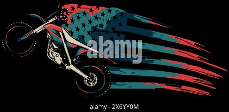 Motocross-Sport mit amerikanischer Flagge auf schwarzem Hintergrund - Illustrationsvektor Stock Vektor