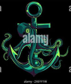 Krake um den Anker auf schwarzem Hintergrund Vektor-Illustration Design Stock Vektor