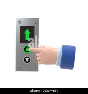 Geschäftsmann drückt den Lift-Knopf. Flache 3D-Illustration. Rufen Sie den Fahrstuhl an. Pfeil nach oben. Steigen Sie in die oberste Etage. Finger auf die Schaltfläche.3D-Rendering ein Stockfoto