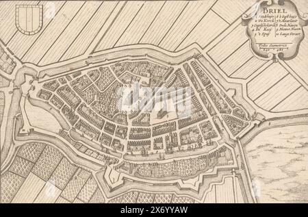 Karte von Brielle, Briel (Titel auf Objekt), links das Stadtwappen, rechts eine Legende 1-10., Druck, Druckerei: Anonym, Verlag: Henricus Hondius, Amsterdam, 1632, Papier, Ätzen, Höhe, 154 mm x Breite, 229 mm Stockfoto