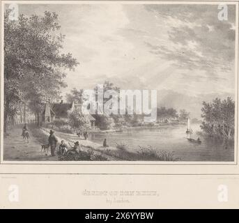 Blick auf den Rhein bei Leiden, Blick auf den Rhijn, bei Leiden (Titel auf Objekt), Ansichten rund um Leiden (Serientitel), Ansichten in der Umgebung von Leiden, hergestellt im Lithografiegeschäft von L. Springer in Leiden 1843 (Serientitel), Druck, Druckerei: Wilhelmus van Groenewoud, (zum Objekt erwähnt), nach Entwurf von: Wilhelmus van Groenewoud, (zum Objekt erwähnt), Druckerei: Leendert Springer (I), (möglicherweise), Druckerei: Niederlande, nach Entwurf: Niederlande, Druckerei: Niederlande, Drucker: Leiden, 1843, Papier, Höhe, 245 mm x Breite, 342 mm Stockfoto