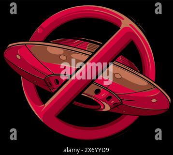 Keine Illustration des UFO-Symbols. Verbotenes Schild mit Raumschiff und Alien-Symbol auf schwarzem Hintergrund Stock Vektor
