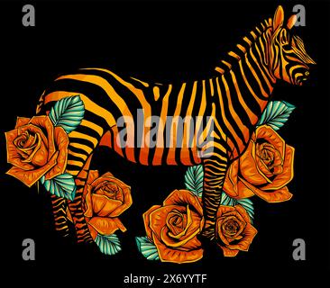 zebra mit roten Rosen auf schwarzem Hintergrund Vektor-Illustration Design Stock Vektor