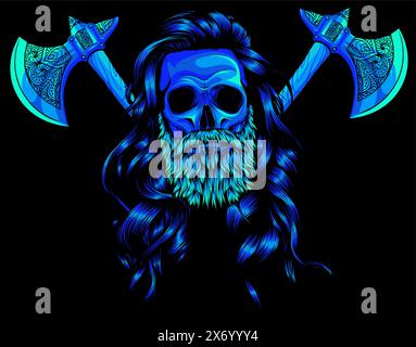 Eine Vektor-Illustration eines Schädels, der einen wikinger auf schwarzem Hintergrund trägt Stock Vektor