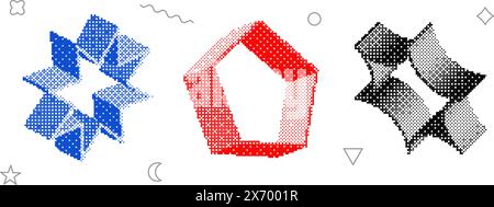 Set mit strukturierten Bitmap-Formen. Blaue, rote, schwarze Dither-Halbton-Objekte-Sammlung. 3D-Stern, Glitzer, pentagon-Elemente für Banner, Poster, Faltblatt. Abstraktes pixeliertes Rastereffekt-Bündel. Vektorpaket Stock Vektor