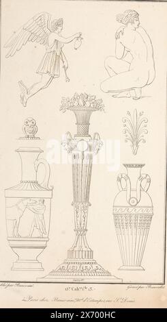 Verschiedene Ornamente, Ornamentdruck mit verschiedenen Vasen und Figuren. Teil (15E. CAH. f.le 13) des Printalbums mit zwei Serien von insgesamt 138 ornamentalen Drucken von Beauvallet und Normand, 'Fragmens d'Ornemens dans le Style Antique'., Druckmacher: Pierre-Nicolas Beauvallet, (erwähnt auf Objekt), Verlag: Jacques-Louis Bance, (erwähnt auf Objekt), Paris, 1820, Papier, Ätzen Stockfoto