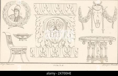 Verschiedene Möbel, Ornamentpremt mit verschiedenen Möbeln. Teil (5E. CAH. N. 28) des Printalbums mit zwei Serien von insgesamt 138 ornamentalen Drucken von Beauvallet und Normand, 'Fragmens d'Ornemens dans le Style Antique'., Druckmacher: Pierre-Nicolas Beauvallet, (erwähnt auf Objekt), Verlag: Jacques-Louis Bance, (erwähnt auf Objekt), Paris, 1820, Papier, Ätzen Stockfoto