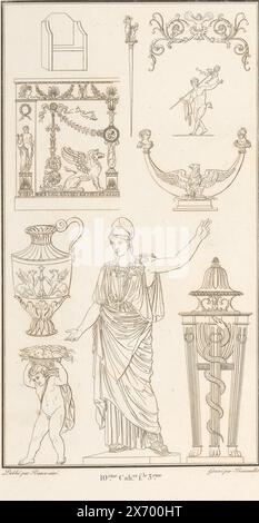 Verschiedene Ornamente, Ornamentdruck mit einem zentralen Bild von Pallas Athena. Teil (10E. CAH. f.le 3) des Printalbums mit zwei Serien von insgesamt 138 ornamentalen Drucken von Beauvallet und Normand, 'Fragmens d'Ornemens dans le Style Antique'., Druckmacher: Pierre-Nicolas Beauvallet, (erwähnt auf Objekt), Verlag: Jacques-Louis Bance, (erwähnt auf Objekt), Paris, 1820, Papier, Ätzen Stockfoto