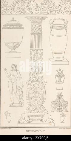 Verschiedene Ornamente, ornamentaler Druck mit einer zentralen Schüssel auf einem hohen ornamentalen Boden. Teil des Printalbums mit zwei Serien von insgesamt 138 ornamentalen Drucken von Beauvallet und Normand, 'Fragmens d'Ornemens dans le Style Antique'., Druckmacher: Pierre-Nicolas Beauvallet, (erwähnt auf Objekt), Verlag: Jacques-Louis Bance, (erwähnt auf Objekt), Paris, 1820, Papier, Ätzen Stockfoto