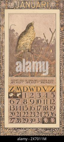 Kalenderblatt für Januar 1907 mit einem Song Thrush, singend Song Thrush auf einem Zweig, mit der Überschrift: 'Hear how the Grey Thrush weinte: 'Who Called?' „Wer hat geschrien?“ „Wer schrie?“, Druck, Druckerei: Theo van Hoytema, (auf dem Objekt erwähnt), nach eigenem Entwurf von: Theo van Hoytema, (auf dem Objekt erwähnt), Drucker: Tresling & Comp., Amsterdam, 1906, Papier, Höhe, 443 mm x Breite, 213 mm Stockfoto