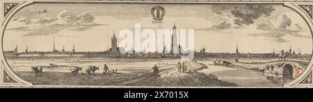 Blick auf Delft, Delft (Titel auf Objekt), Rotterodamum Hollandiae urbs celeberrima et situ portibusque mercaturae opportunissima. Ao. 1665 (Maas-Karte), Blick auf Delft vom Delftse Schie aus. In der Mitte die neue Kirche und links die alte Kirche. Oben in der Mitte das Stadtwappen und der Titel., Druck, Druckerei: Joost van Geel, nach eigenem Entwurf von: Joost van Geel, Verlag: Jacob Quack, (möglicherweise), Rotterdam, 1666 - 1698, Papier, Ätzen, Gravieren, Höhe, 167 mm x Breite, 568 mm Stockfoto