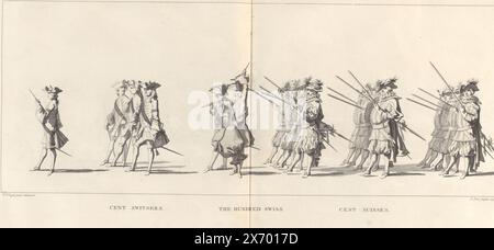 Begräbnisstation von Willem IV, 1752, Platte 11, Cent Switsers (Titel auf Objekt), Lyk-Statue seiner heitersten Hoheit Lord Willem Carel Hendrik Friso, Prinz von Orange und Nassau (...) gehalten am IV. Februar 1752 (Titel der Serie), de Cent-Suisses. Am Rand eine Beschriftung in Niederländisch, Französisch und Englisch. Der Druck ist Teil eines Albums., Druck, Druckerei: Jan Punt, (erwähnt auf dem Objekt), nach Zeichnung von: Pieter Jan van Cuyck, (erwähnt auf dem Objekt), Verlag: Pierre Gosse jr., den Haag, 1752 und/oder 1755, Papier, Ätzen, Gravur, Höhe, 270 mm x Breite, 560 mm Stockfoto