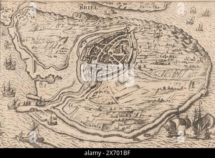 Karte der Insel Voorne und Karte von Brielle, 1572, Briel (Titel auf Objekt), Karte der Insel Voorne mit einer Karte von Brielle, von den Wasserbetteln am 1. April 1572 aus Vogelperspektive erfasst. Unten links ein Fischerboot, unten rechts zwei Kriegsschiffe. Nummeriert unten rechts: 57., Print, Print Maker: Anonym, nach Druck von: Anonym, Verlag: Willem Janszoon Blaeu, Print Maker: Low Countries, Verlag: Amsterdam, Verlag: Amsterdam, 1612 - 1648, Paper, Ätzen, Höhe, 166 mm x Breite, 243 mm Stockfoto