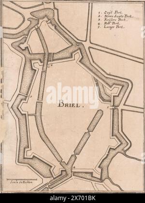 Festungskarte von Brielle, Briel (Titel auf Objekt), unten links eine Skala: Scala 40 Ruhten. Oben rechts eine deutsche Legende 1-5., Druck, Druckerei: Caspar Merian, nach Entwurf: Johann Merck, Verlag: Caspar Merian, Frankfurt am Main, 1654 - ca. 1700, Papier, Radierung, Gravur, Höhe, 182 mm, Breite, 138 mm Stockfoto