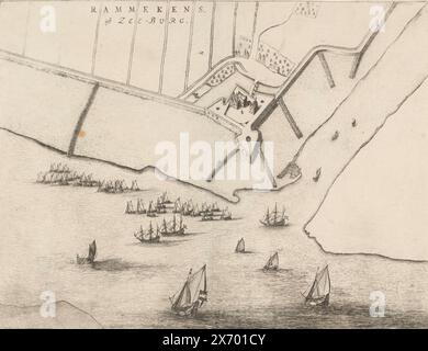 Karte von Fort Rammekens, Rammekens, oft Zee-Burg (Titel auf Objekt), Plan aus der Vogelperspektive. Oben links von der Mitte ist der Titel., Print, Print Maker: Anonym, Verlag: Frederik de Wit, (möglicherweise), Amsterdam, 1649 und/oder ca. 1698 - ca. 1704, Papier, Radierung, Gravur, Höhe, 359 mm x Breite, 475 mm Stockfoto