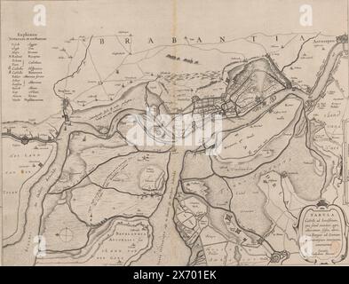 Forts on the Eastern and Western Schelde, 1627, Tabula castelli ad Sandflitam, qua simul inundati agri, alluviones, Fossae, alvei, quae Bergas ad Zomam et Antverpiam interjacent, annotantur (Titel über Objekt), Karte der Forts on the Eastern and Western Schelde und um Zandvliet, 1627. Vielleicht im Zusammenhang mit dem Angriff von Spinola auf Zuid-Beveland, September 1627. Oben links die Übersetzung der Begriffe Niederländisch - Lateinisch. Unten rechts eine Kartusche mit dem Titel., Druck, Druckerei: Anonym, Verlag: Willem Janszoon Blaeu, (auf dem Objekt erwähnt), Amsterdam, 1629 - 1672, Papier, Ätzen, Gravieren Stockfoto