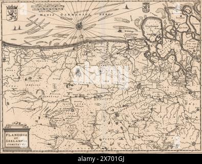 Landkarte der Landkreise Flandern und Zeeland, Flandria et Zeelandia comitatus (Titel auf Objekt), Landkarte der Landkreise Flandern und Zeeland. Unten links die Titelkartusche. Oben links das Wappen der Grafschaft Flandern, rechts daneben zwei Schuppenstiele: 4 milliaria Germanica communia, 5 milliaria Gallica comunia. Oben rechts in der Mitte das Wappen der Grafschaft Zeeland. Die Karte hat eine Gradverteilung entlang der Kanten., Druck, Druckerei: Caspar Merian, Verlag: Caspar Merian, Frankfurt am Main, 1654 - ca. 1700, Papier, Ätzen, Gravur, Höhe, 258 mm Stockfoto