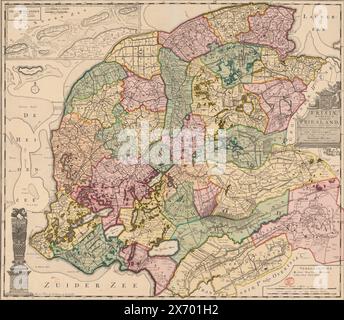 Karte von Friesland, Frisiae dominium vernacule Friesland (...) (Titel auf Objekt), Karte oben links von Vlieland, Terschelling, Ameland und Schiermonnikoog, mit zwei Skalenbalken: Deutsche Meilen 15 in Grad, 3,25 Stunden von je 1200 Königsruten. Bild unten links von der Statue der Steinmensch in Harlingen. Mitte rechts Titelkartusche mit dem Wappen Frieslands darüber. Legende unten rechts und zwei Skalenstäbe: Gemeinsame deutsche Meilen 15 bis zu einem Grad, Stunden gehen jede von 1200 Königsruten. Graduierung entlang der Kanten., Druck, Druckerei: Anonym, Verlag: Francois Halma, (erwähnt auf dem Objekt Stockfoto