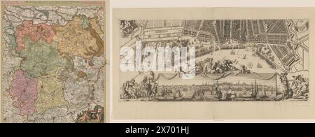 Karte von Amsterdam mit Stadtbild, bestehend aus zwei Teilen, Amsteldam (Titel auf Objekt), Karte in Vogelperspektive. Oben links die Legende 1-202. Rechts davon Putti mit dem Stadtwappen. Unter dieser Legende ist ein Putto mit dem Wappen Hollands zu sehen. Darunter ein Schuppenstab: Eine Skala von 1000 Amsteldam-Fuß. Eine Banderole mit dem Titel in der Mitte oben. Oben links die Legende 203-406. Links davon Putti mit dem Stadtsiegel. Unter dieser Legende ist ein Putto mit dem Wappen und der Widmung des Bürgermeisters Gerard Bors van Waveren zu sehen. Unten links eine weibliche Figur mit einem Räuchergefäß auf einem Kamel oder Stockfoto