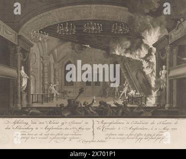 Bühne des Amsterdamer Theaters beim Ausbruch des Feuers, 1772, Bild des Feuers auf der Bühne im Theater in Amsterdam; 11. Mai 1772, Darstellung der Incendie du Theater de la Comedie in Amsterdam; le 11 May, 1772 (Titel über Objekt), The Fire in the Amsterdam Theater, 1772 (Serientitel), Blick auf die Bühne des Amsterdamer Theaters während des Ausbruchs des Feuers am 11. Mai 1772. Das Feuer brach während der Aufführung der Oper „der Deserteur“ aus. Schauspieler flüchten auf die Bühne und ein brennendes Bühnenbild fällt auf der rechten Seite um. Im Vordergrund flüchten Musiker aus der Orchestergrube Stockfoto