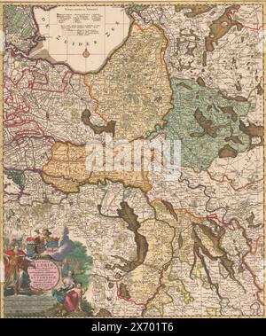 Karte von Gelderland, ducatus Geldriae Batavae et Hispanicae, in Tetrarchias Noviomagi (...) (Titel auf Objekt), unten links Titelkartusche und zwei Skalenstäbe: 4 gemeine deutsche Mylen 15 in a Grad, 5 gemeine französische Mylen der Stunden. Oberhalb der Kartusche das Wappen von Gelre und der Stadt Zutphen. Um die Kartuschenfiguren und eine Jagdszene. Oben links eine Legende. Die Karte hat ein Suchraster und eine Gradverteilung entlang der Kanten., Druck, Druckerei: Abraham Allard, (erwähnt auf dem Objekt), Herausgeber: Carel Allard, (erwähnt auf dem Objekt), Staten van Holland en West-Friesland, (erwähnt) Stockfoto