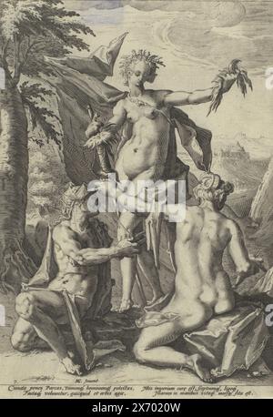 Three Fates, mythologische und allegorische Darstellungen (Serientitel), The Three Fates in a Landscape. Das stehende Fates Clotho hält den Distav, mit dem rohen Flachs in der anderen Hand. Die sitzende Lachesis, von hinten gesehen, hält die Spule und misst das Gewinde. Das linke Schicksal, der alte Atropos, schneidet den Faden mit einer Schere., Druck, Druckerei: Jacob Matham, (zugeschrieben), nach Entwurf: Hendrick Goltzius, (erwähnt auf dem Objekt), Verlag: Hendrick Goltzius, Haarlem, 1588, Papier, Gravur, Höhe, 301 mm x Breite, 212 mm Stockfoto