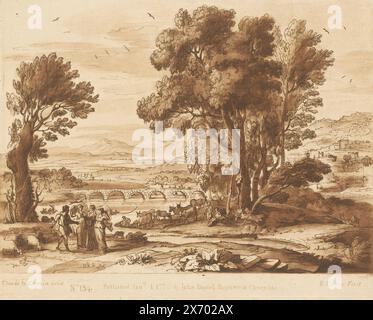 Landschaft mit Jacob, Laban, Leah und Rachel, Drucke nach Zeichnungen von Claude Lorrain (Serientitel), Liber Veritatis. Oder eine Sammlung von zweihundert Drucken, nach den Originalentwürfen von Claude le Lorrain (...) (Serientitel), Druck, Druckerei: Richard Earlom, (erwähnt auf Objekt), nach Zeichnung von Claude Lorrain, (erwähnt auf Objekt), Verlag: John Boydell, (erwähnt auf Objekt), London, 1-Jan-1776, Papier, Ätzen, Höhe, 207 mm x Breite, 258 mm Stockfoto