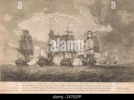 Französische und englische Flotte während einer Seeschlacht, die Fregatten während der „Schlacht am Bischofshof“ auch bekannt als „die Niederlage von Thurot“, die am 28. Februar 1760 während des Siebenjährigen Krieges stattfand, Druck, Druckerei: John Miller, (auf dem Objekt erwähnt), nach dem Malen von: Richard Wright, (zum Gegenstand erwähnt), John Miller, (zum Gegenstand erwähnt), 30-Mai-1762, Papier, Ätzen, Gravieren, Höhe, 430 mm x Breite, 625 mm Stockfoto