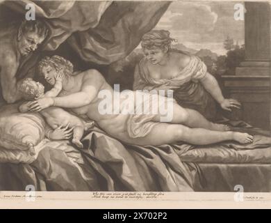 Venus mit Cupid und Satyr, Text in englischer Sprache am unteren Rand., Druck, Druckerei: John Smith (Prentmaker/uitgever), (erwähnt auf Objekt), nach Malerei von: Luca Giordano, (erwähnt auf Objekt), Verlag: John Smith (Prentmaker/uitgever), (erwähnt auf Objekt), London, 1662 - 1742, Papier, Höhe, 205 mm x Breite, 279 mm Stockfoto