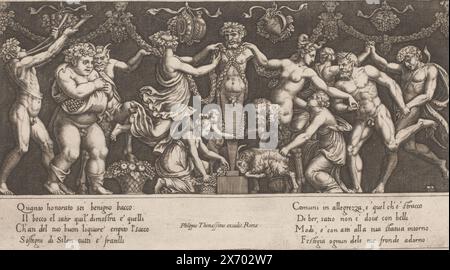 Opfer für Priapus, in der Mitte ist der Fruchtbarkeitsgott Priapus in Form eines Heims. Satyrn und Maenaden tanzen um ihn herum. Auf der linken Seite Bacchus und eine Figur, die ein doppeltes Horn bläst. Am Boden der Herme wird Priapus ein Widder geopfert. Italienischer Text in zwei Spalten am unteren Rand., Druck, Druckerei: Meester van de Dobbelsteen, (auf dem Objekt erwähnt), Verlag: Philippe Thomassin, (auf dem Objekt erwähnt), Druckerei: Italien, Verlag: Rom, ca. 1530 - ca. 1560, Papier, Gravur, Höhe, 160 mm x Breite, 289 mm Stockfoto