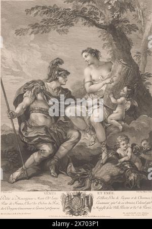 Venus und Aeneas, Druck, Druckerei: Jean Jacques Flipart, (erwähnt auf dem Objekt), nach Malerei von: Charles Joseph Natoire, (erwähnt auf dem Objekt), Verlag: Lempereur, (erwähnt auf dem Objekt), Druckerei: Frankreich, Verlag: Paris, 1762, Papier, Gravur, Ätzen, Höhe, 441 mm x Breite, 321 mm Stockfoto