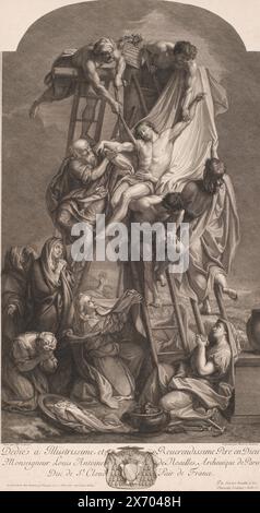 Abstieg vom Kreuz, Druck, Druckerei: Benoît Audran (I), (erwähnt auf Objekt), nach Malerei von: Charles Le Brun, (erwähnt auf Objekt), Verlag: Benoît Audran (I), (erwähnt auf Objekt), Druckerei: Frankreich, Verlag: Paris, 1671 - 1721, Papier, Ätzen, Gravieren, Höhe, 725 mm x Breite, 414 mm Stockfoto