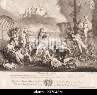 Empire of Flora, L'Empire de Flore (Titel über Objekt), Druck, Druckerei: Gérard Audran, (erwähnt auf Objekt), nach Malerei von Nicolas Poussin, (erwähnt auf Objekt), Lodewijk XIV (koning van Frankrijk), (erwähnt auf Objekt), Frankreich, 1650 - 1703, Papier, Ätzen, Gravieren, Höhe, 415 mm x Breite, 529 mm Stockfoto
