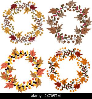 Kreisförmige Rahmen aus Blättern und Zweigen in trendigen Herbsttönen 2er Set Kopierraum Vorlage für Schriftzug isolieren EPS Vektor Design Konzept für Thanksgiving Grußkarten oder -Karten, Druck, Hemd, Banner, Poster Stock Vektor