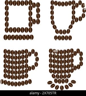 Stilisierte Tassen Kaffeebohnen mit Untertasse Logo Aufkleber Icon Design Idee Set von 4 Coffee Day Gruß isolieren EPS Vektorkarten, Poster, Banner oder Web, Preisschild, Etikett, Werbung oder Promo-Konzept Stock Vektor