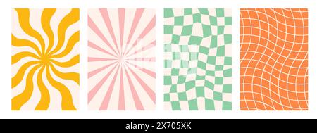 Abstrakte groovige Hintergründe. Vertikale Hippie-Hintergründe. Y2K-Ästhetik. Verdrehtes Design in gelben und roten Farben. Retro-psychedelische Vektorillustration Stock Vektor