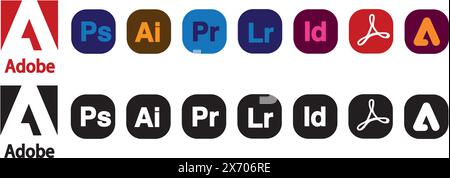 Beliebte Adobe-Produkte Symbolset isolierte Vektorillustrationen. PS, Ai, PR, ID, LR. Adobe-Logo Stock Vektor