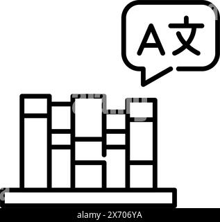 Bücher im Regal mit Sprachsymbol in Sprechblase. Lernen und Übersetzung. Wörterbücher oder Arbeitsmappen. Vektorsymbol Stock Vektor