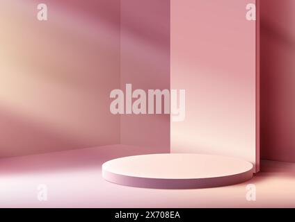 Rundes pinkfarbenes 3D-Podium mit Hintergrund in einem minimalistischen rosafarbenen Raum mit sanften Schatten, minimalem Konzept, Produktanzeige, Modell, Showroom, Showcase. Vec Stock Vektor