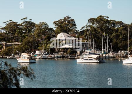 Wohnanlagen mit Blick auf Bayview Dog Park, Rowland Reserve, Bayview, Sydney. Stockfoto