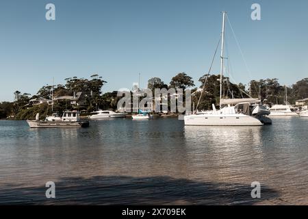 Wohnanlagen mit Blick auf Bayview Dog Park, Rowland Reserve, Bayview, Sydney. Stockfoto