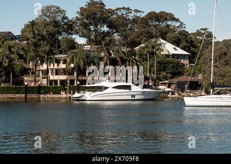 Wohnanlagen mit Blick auf Bayview Dog Park, Rowland Reserve, Bayview, Sydney. Stockfoto