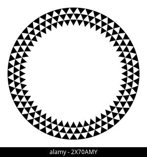 Kreisrahmen mit Dreiecksmuster. Drei Reihen schwarzer Dreiecke, die einen runden Rahmen bilden, mit gezacktem und dreieckigem Karomuster. Stockfoto