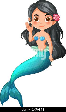Fröhliche Meerjungfrau mit Blume im Haar, winkend Stock Vektor