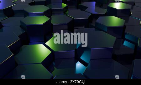 3D-Darstellung eines abstrakten sechseckigen Hintergrunds. Polierte polygonale dunkle Oberfläche, Hexadezimalgeometrie. Stockfoto