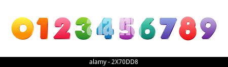 Set aus farbenfrohen Zahlen von 0 bis 9. Verkaufskonzept. Schuldekorationsvorlage. Sammlung kreativer Ziffern. Abstraktes isoliertes Clipart. Mathe-Idee Stock Vektor