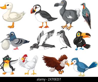 Vektorillustrationen verschiedener Zeichentrickvögel Stock Vektor
