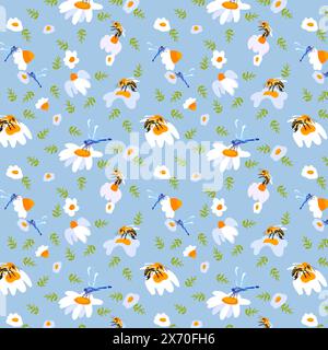 Sommer Hintergrund Gänseblümchen Biene hellblaues nahtloses Muster Frühling weiße Wiese Blume grüne Blätter Ornament Verpackung Stoff Tapete Textilmosaik Stock Vektor
