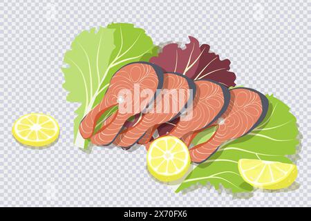 Steak mit rotem Fisch. Mit Lachs, Zitrone und Salatblättern auf transparentem Untergrund. Frische Bio-Meeresfrüchte im Restaurant, Sushi-Bar-Menü, Poster. Er Stock Vektor